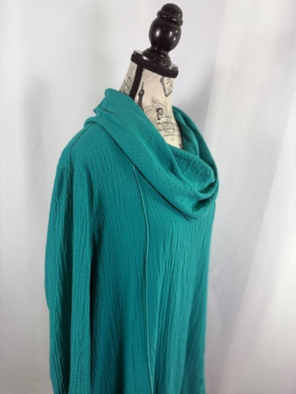 Ali Miles L Teal Cowl Neck Tunic Top Textured Swing Boho Lagenlook - Picture 3 of 9